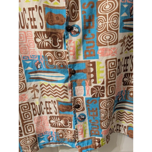 Buc-ee’s Hawaiian Tiki Shirt XL Brown Blue Surfboards Tropical Aloha Button Up - Picture 8 of 12